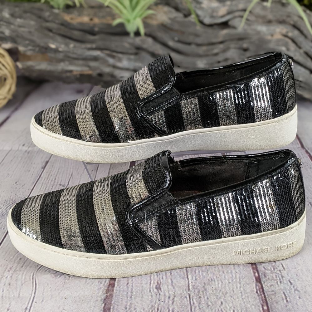 MICHAEL KORS Keaton Striped Sequin Slip-On, Black/Silvertone - Picture 5 of 9